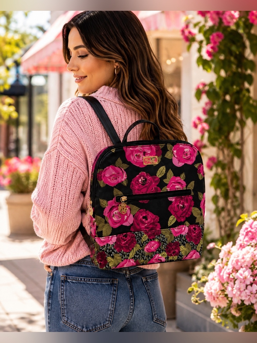 Betsey Johnson Floral Black and Pink Mini Backpack